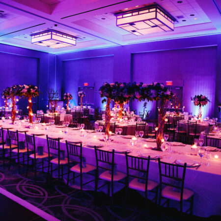 Decorated banquet hall with flowers, rectangle table, chiavari c Decorated banquet hall with flowers, rectangle table, chiavari c